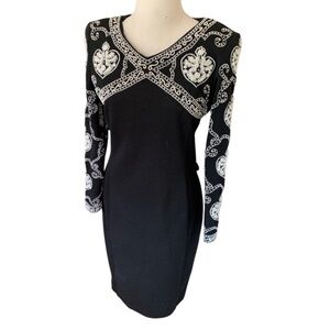 Vintage Adrienne Vittadini Black Wool Shoulder Dress w pearl embellishment Sz 8P